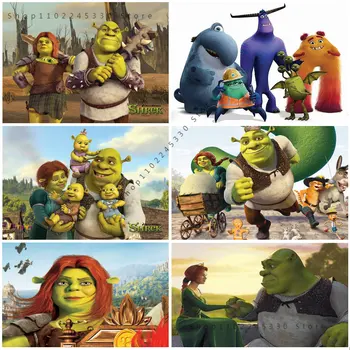 Disney Akvarel Plátne Obrazy Shrek Šťastná Rodina Vykladané Cartoon Zvierat Plagáty a Tlačí na Steny Umenie Obývacia Izba Domova