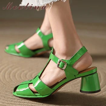 Meotina Ženy Pravej Kože T-Popruh Sandále Kolo Polovice Päty Úzke Pásmo Pracka Sandále Dámske Letné Topánky Zelená Biela 40