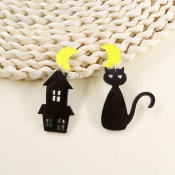 Roztomilý Mesiac Hrad Black Cat Halloween Náušnice Pre Ženy Hallowmas Cartoon Asymetrické Zvierat Akryl Drop Visieť Náušnice