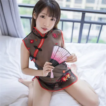 Sexy Vidieť Cez Sieťované Mini Šaty Žien Lepšiu Cheongsam Kvetinové Výšivky Erotické Spodné Prádlo Bustier Korzet Čínskej Strany Šaty