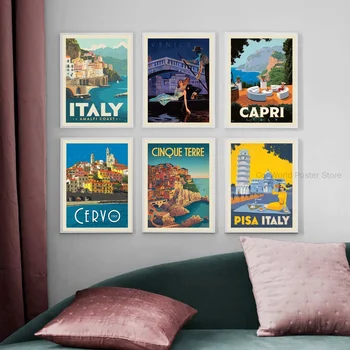 Taliansko Pobrežie Amalfi, Večer v Benátkach,Capri,Cervo,Cinque Terre,Káva v Pise,Cestovné Ilustrácia,Vintage Poster Tlač